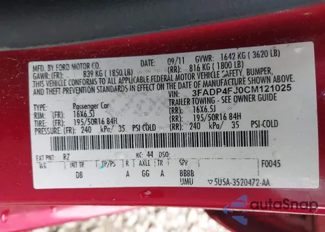 2012 Ford Fiesta Ses z USA, uszkodzony, nr VIN 3FADP4FJ0CM121025